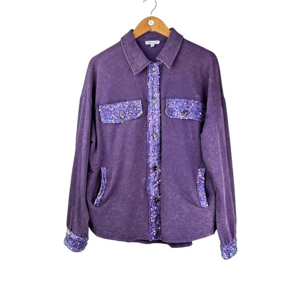 White Birch Purple Mineral Wash Velvet Trim Sequis Button Up Relaxed Shacket - Picture 10 of 16